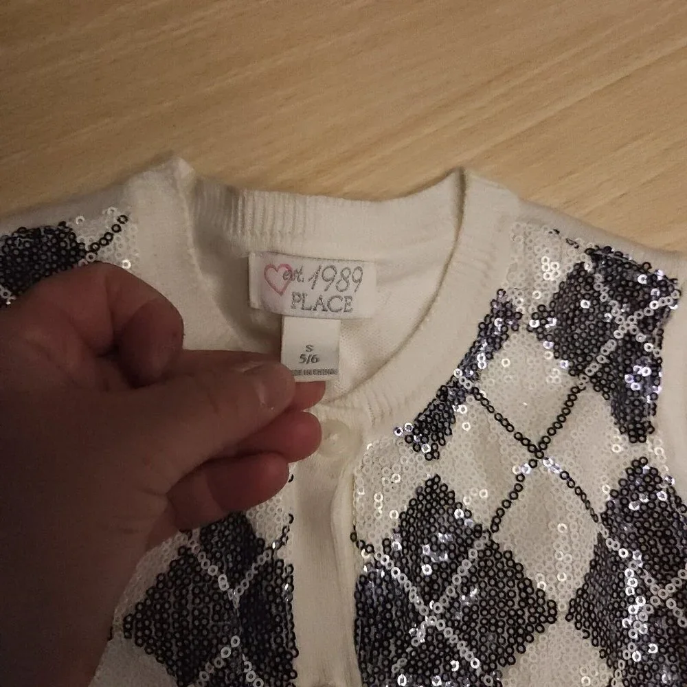 The Children's Place White Black Arguile Sequin Cardigan Sweater 5-6